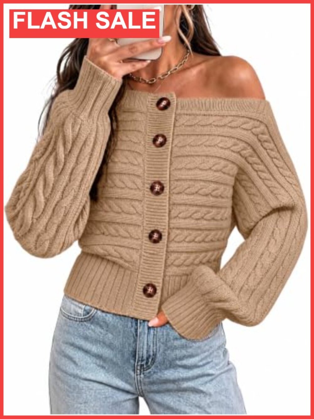 Off Shoulder Cable Knit Crop Cardigan Long Sleeve Button Sweater